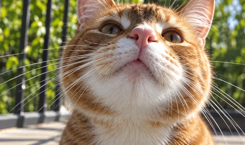 Ginger cat looking up at the camera from very close