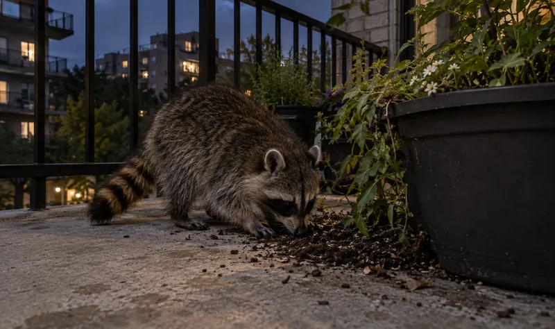 Raccoon on a balcony after dark, nosing through spilled soil beside a planter, city lights behind