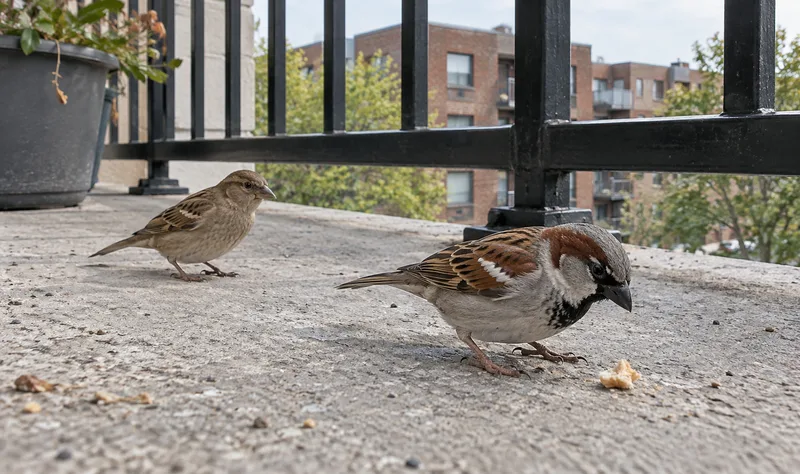 Two house sparrows on a balcony floor, one pecking at a crumb