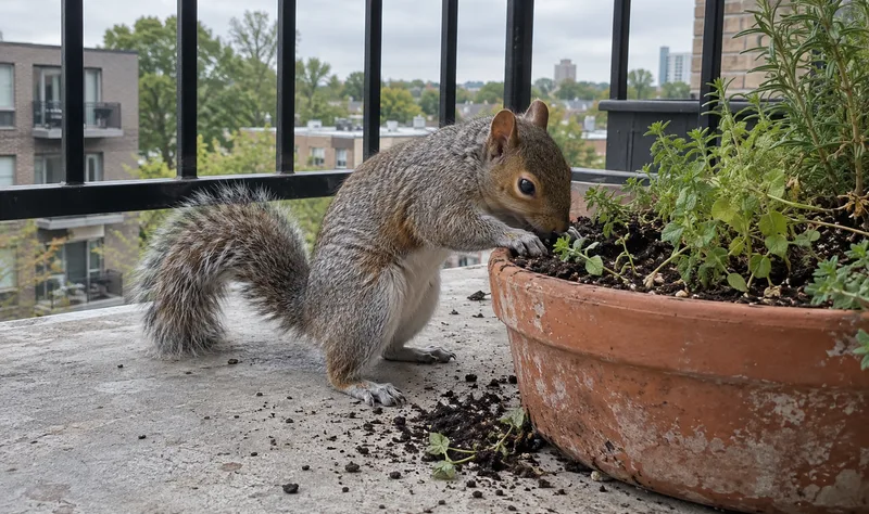 Grey squirrel digging in a balcony planter, spilling soil and uprooting a plant