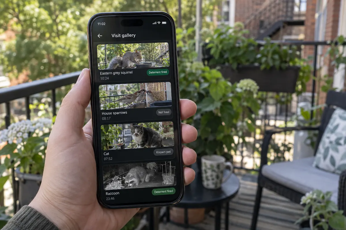 A hand holding a phone on a balcony, showing the BalconyPatrol visit gallery: a squirrel, house sparrows, a cat and a raccoon