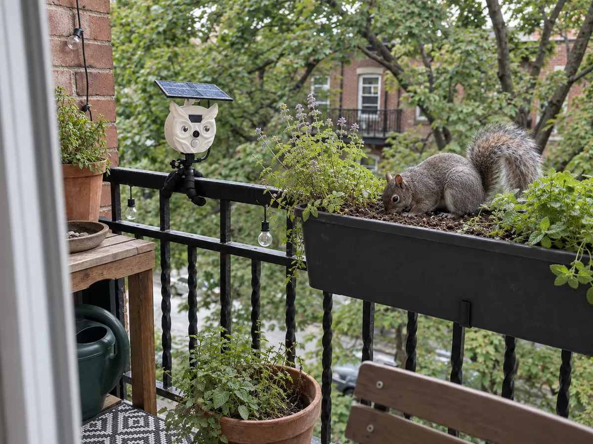 BalconyPatrol mounted on a balcony railing, facing a window box while a grey squirrel digs in it