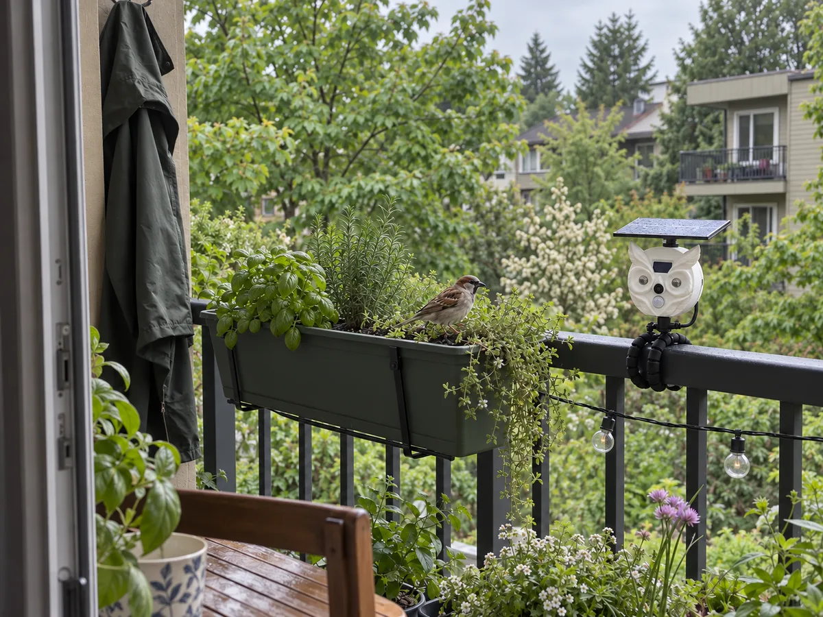 BalconyPatrol mounted on a balcony railing while a sparrow feeds in the planter it is pointed at