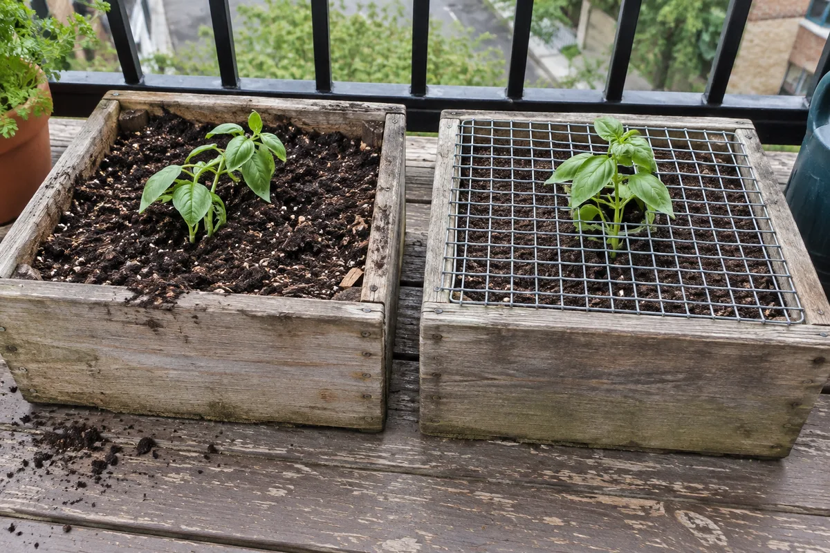 Two planters side by side: disturbed uncovered soil on the left, wire mesh protecting the soil on the right.