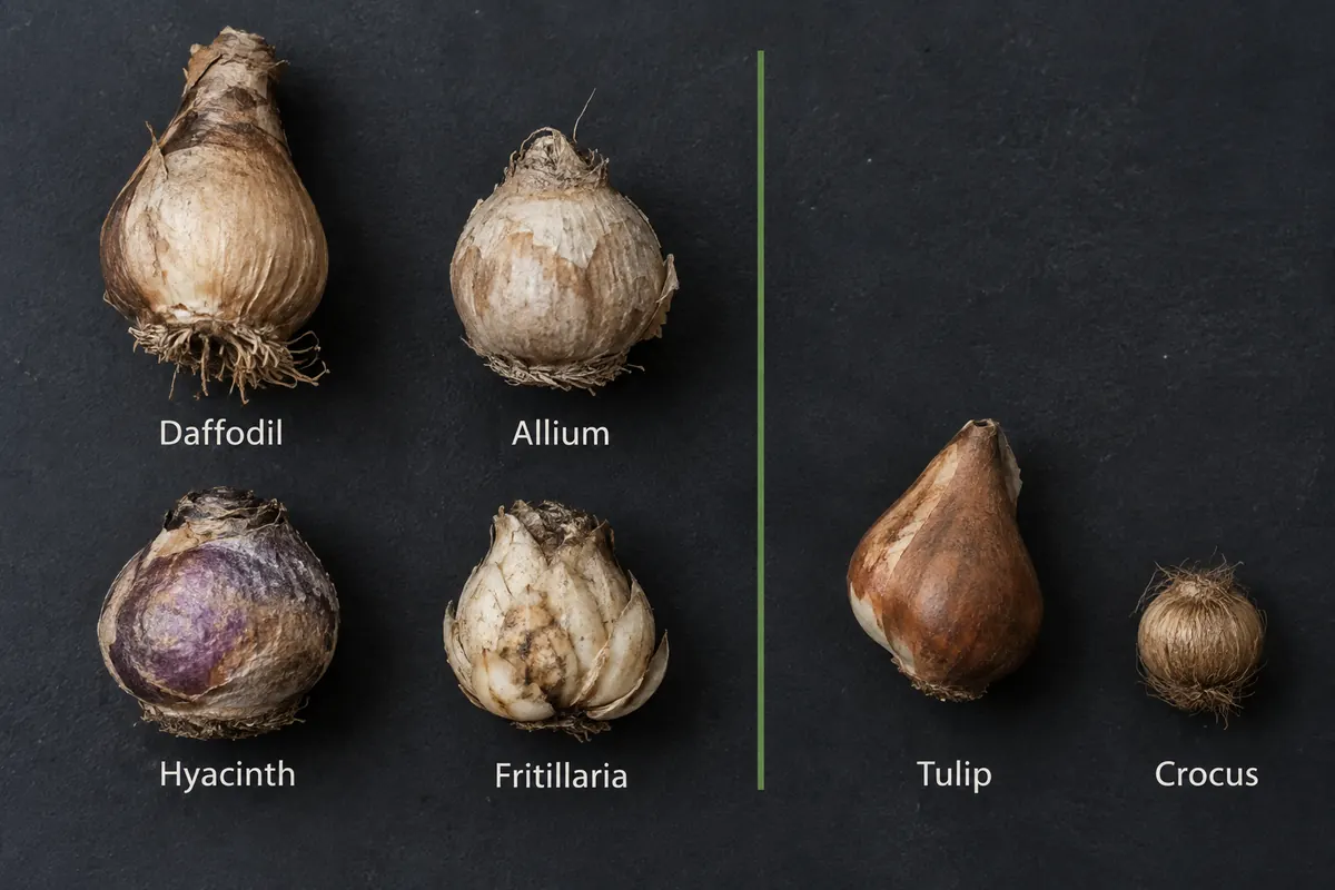 Garden bulbs on a dark surface in two labelled groups: daffodil, allium, hyacinth and fritillaria on one side, tulip and crocus on the other