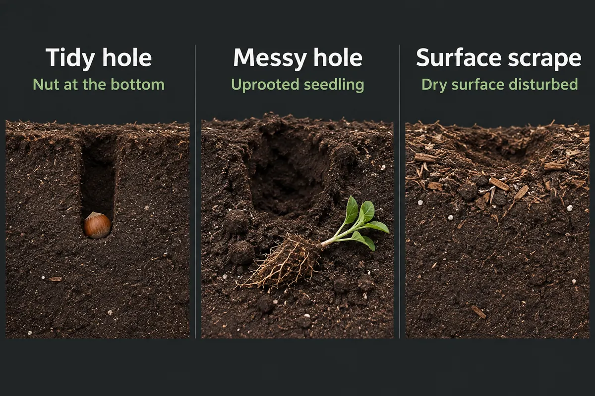 Three labelled cross-sections of disturbed potting soil: a tidy hole with a nut at the bottom, a wide messy hole with an uprooted seedling, and a shallow surface scrape