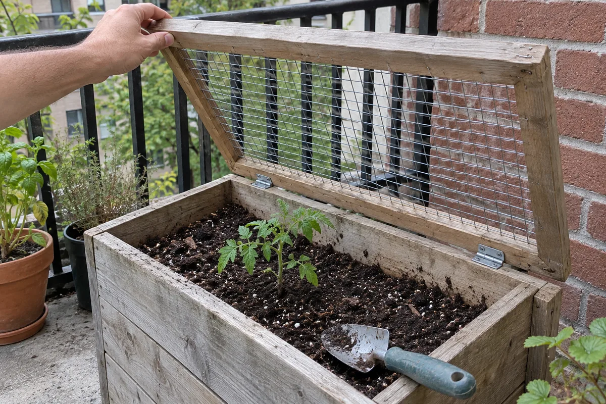 A hand holding open a hinged wire mesh lid on a wooden planter containing a tomato seedling.