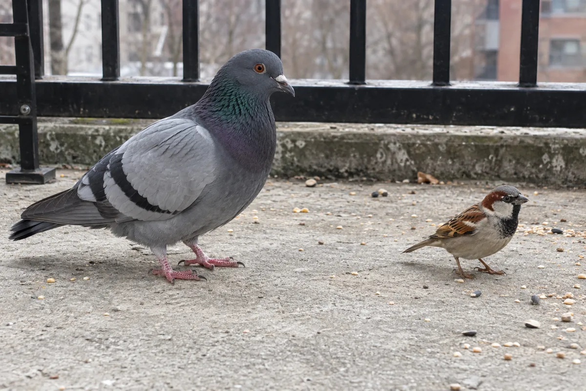 A rock pigeon on the left and a much smaller house sparrow on the right, standing on the same balcony floor.