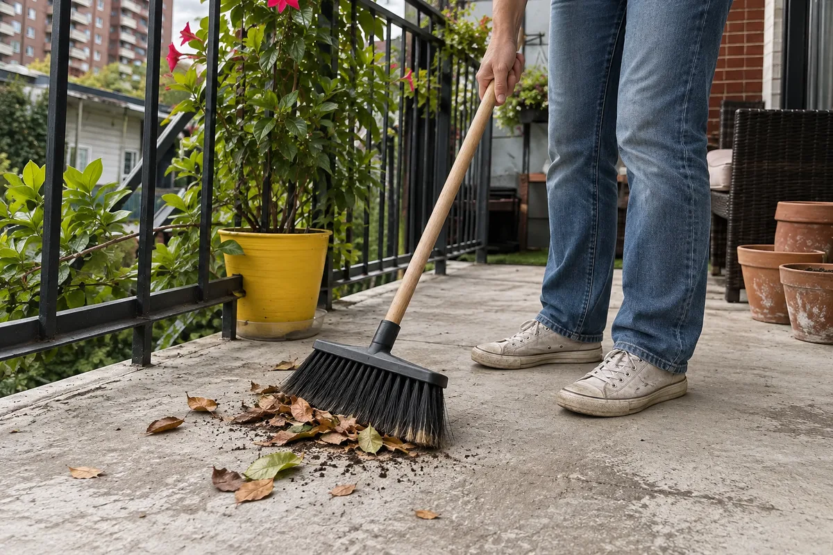 A person standing and sweeping fallen leaves from a balcony floor with a long-handled broom.